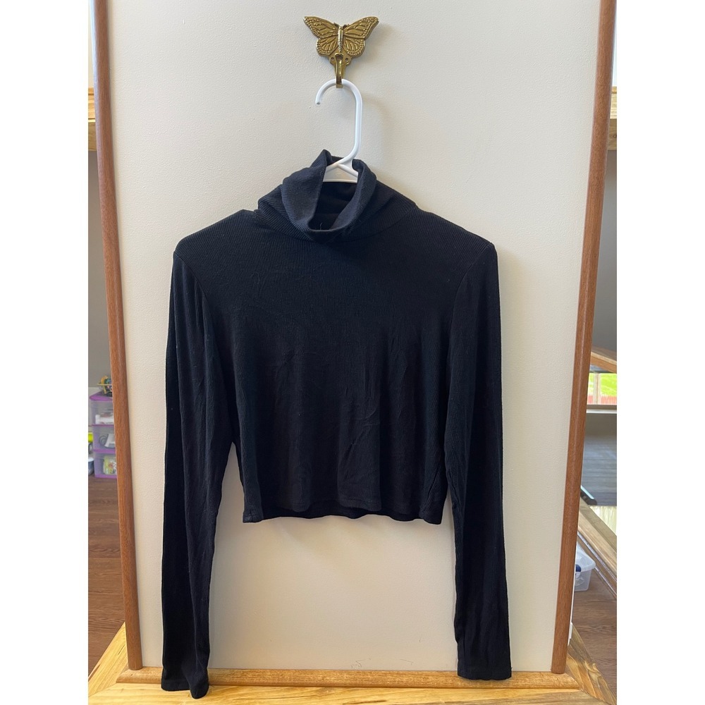Garage Turtleneck Top Women Large Black Ribbed Long Sleeve Cropped